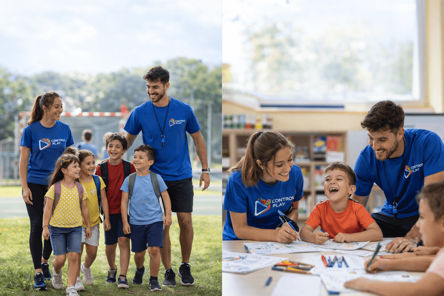 Equip Control Play amb monitors i infants en activitats a l'aire lliure i a l'aula